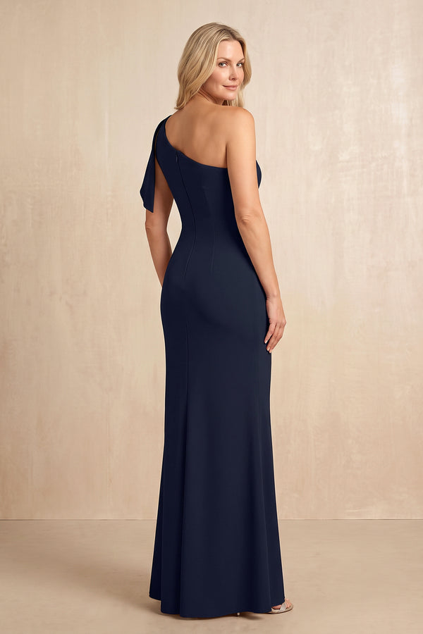 Dark Navy Sheath One-Shoulder Matte Satin Mother of the Bride Dress (2) | KISSBRIDAL