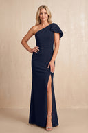 Dark Navy Sheath One-Shoulder Matte Satin Mother of the Bride Dress | KISSBRIDAL
