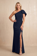Dark Navy Sheath One-Shoulder Matte Satin Mother of the Bride Dress | KISSBRIDAL
