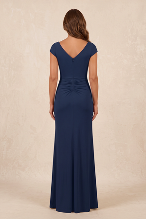 Dark Navy Sheath Ruffled V-Neck Mother of the Bride Dress With Slit (2) | KISSBRIDAL