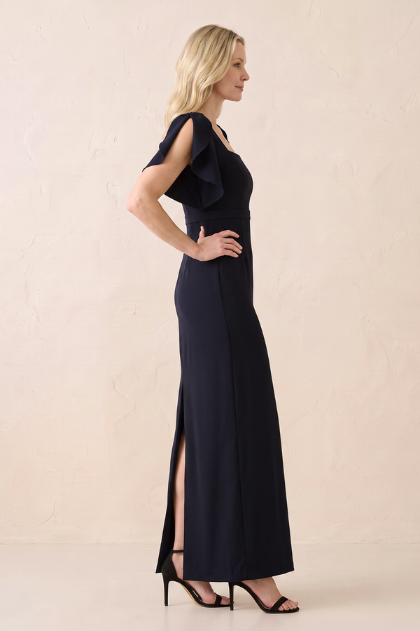 Dark Navy Sheath Satin Square Neck Mother of the Bride Dress (3) | KISSBRIDAL