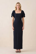 Dark Navy Sheath Satin Square Neck Mother of the Bride Dress | KISSBRIDAL