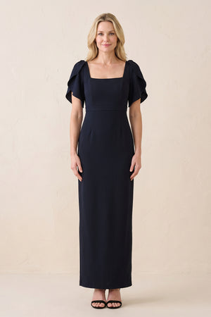 Dark Navy Sheath Satin Square Neck Mother of the Bride Dress | KISSBRIDAL