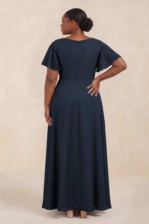 Dark Navy Short Sleeves Bateau A-Line Chiffon Bridesmaid Dress (4) [sizeplus] | KISSBRIDAL