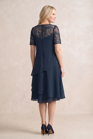 Dark Navy Short Sleeves Ruffled Midi A-Line Mother of the Bride Dress (2) | KISSBRIDAL