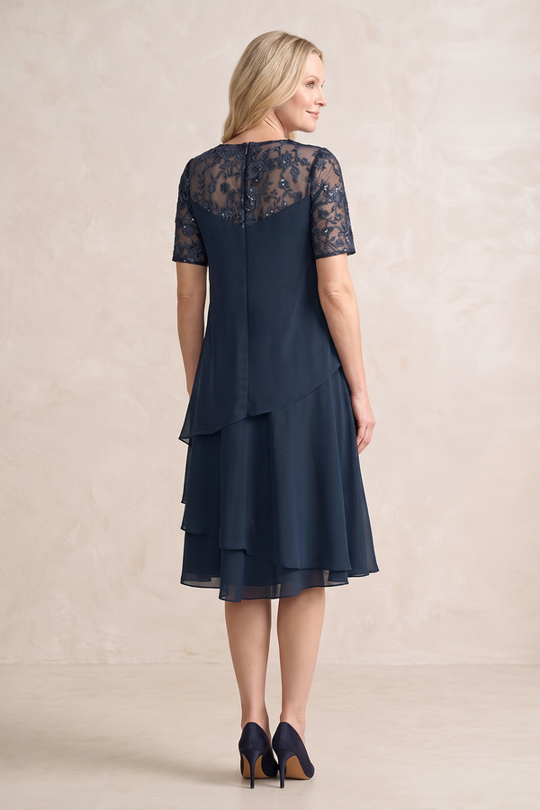 Dark Navy Short Sleeves Ruffled Midi A-Line Mother of the Bride Dress (2) | KISSBRIDAL