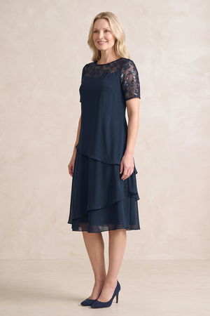 Dark Navy Short Sleeves Ruffled Midi A-Line Mother of the Bride Dress (3) | KISSBRIDAL