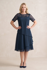 Dark Navy Short Sleeves Ruffled Midi A-Line Mother of the Bride Dress | KISSBRIDAL