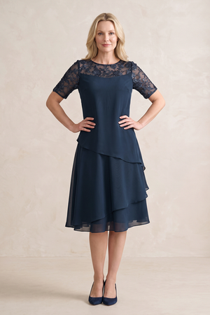 Dark Navy Short Sleeves Ruffled Midi A-Line Mother of the Bride Dress | KISSBRIDAL