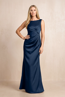 Dark Navy Simple Boat Neck Satin Sheath Ruched Mother of the Bride Dress | KISSBRIDAL