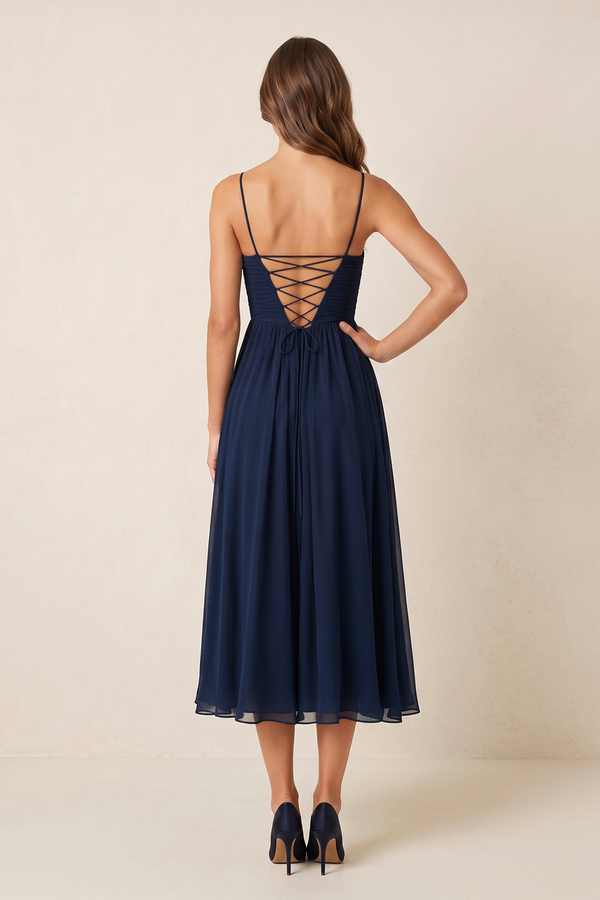 Dark Navy Spaghetti Straps A-Line Ruched Chiffon Midi Wedding Guest Dress (2) | KISSBRIDAL