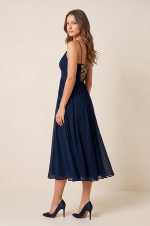 Dark Navy Spaghetti Straps A-Line Ruched Chiffon Midi Wedding Guest Dress (3) | KISSBRIDAL