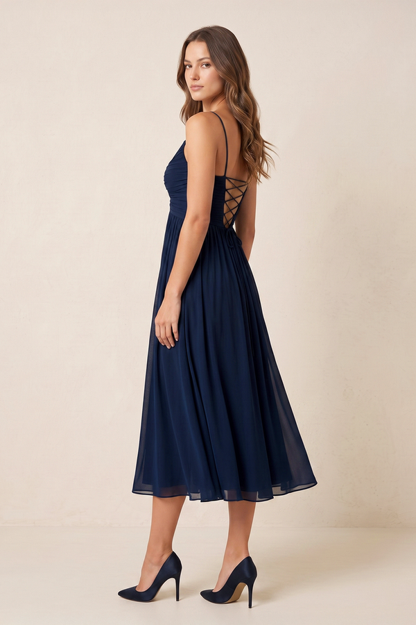 Dark Navy Spaghetti Straps A-Line Ruched Chiffon Midi Wedding Guest Dress (3) | KISSBRIDAL