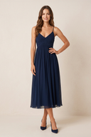 Dark Navy Spaghetti Straps A-Line Ruched Chiffon Midi Wedding Guest Dress | KISSBRIDAL