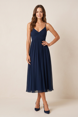 Dark Navy Spaghetti Straps A-Line Ruched Chiffon Midi Wedding Guest Dress | KISSBRIDAL