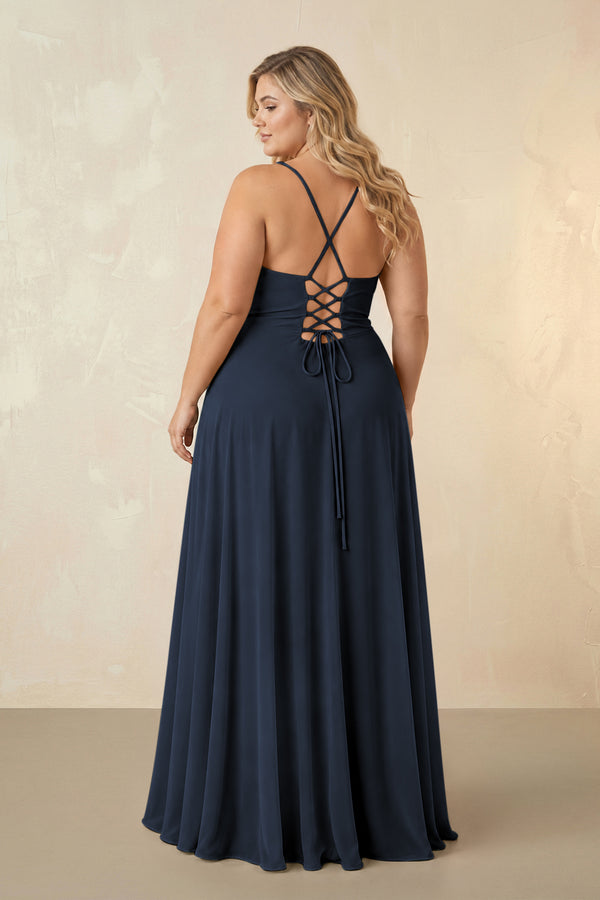 Dark Navy Spaghetti Straps Chiffon A-Line Bridesmaid Dress (2) [sizeplus] | KISSBRIDAL