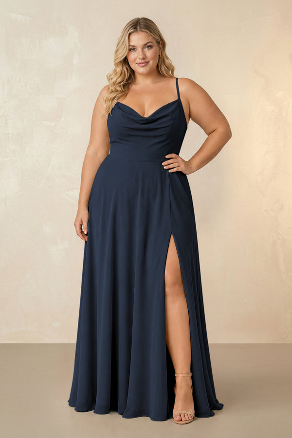 Dark Navy Spaghetti Straps Chiffon A-Line Bridesmaid Dress [sizeplus] | KISSBRIDAL