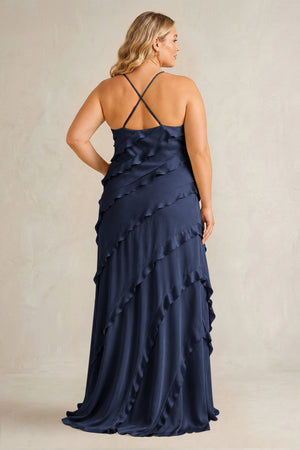 Dark Navy Spaghetti Straps Sheath Stain Ruffled Bridesmaid Dress (2) | KISSBRIDAL[sizeplus]