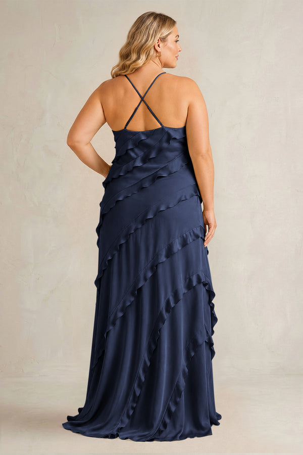 Dark Navy Spaghetti Straps Sheath Stain Ruffled Bridesmaid Dress (2) | KISSBRIDAL[sizeplus]