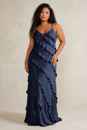 Dark Navy Spaghetti Straps Sheath Stain Ruffled Bridesmaid Dress (3) | KISSBRIDAL[sizeplus]