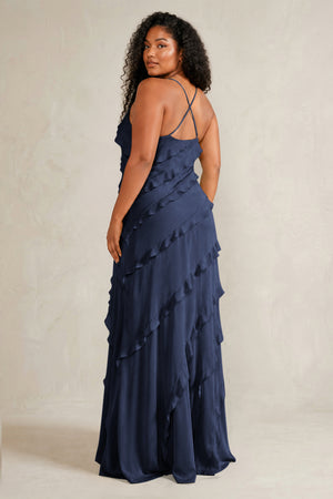 Dark Navy Spaghetti Straps Sheath Stain Ruffled Bridesmaid Dress (4) | KISSBRIDAL[sizeplus]