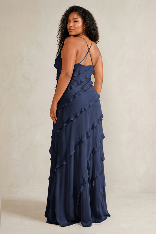 Dark Navy Spaghetti Straps Sheath Stain Ruffled Bridesmaid Dress (4) | KISSBRIDAL[sizeplus]
