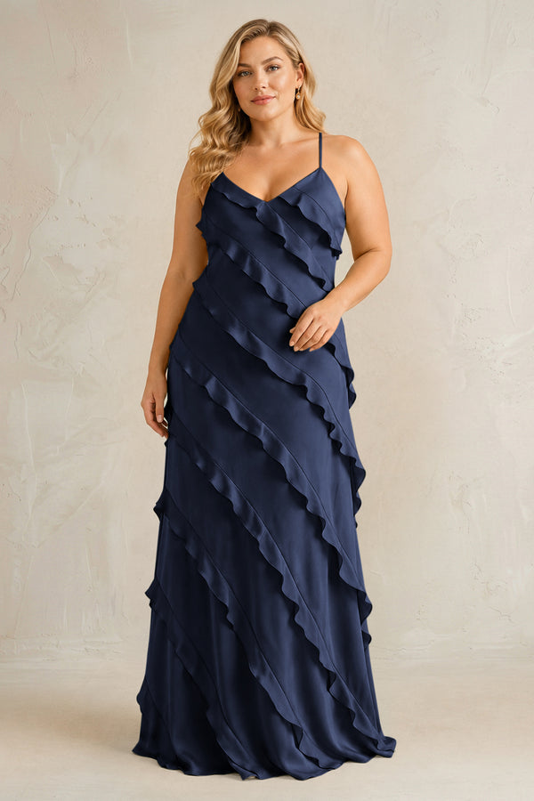 Dark Navy Spaghetti Straps Sheath Stain Ruffled Bridesmaid Dress | KISSBRIDAL[sizeplus]