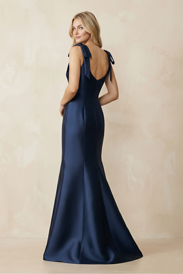Dark Navy Square Neck Mermaid Satin Bridesmaid Dress with Bowknot (2) | KISSBRIDAL