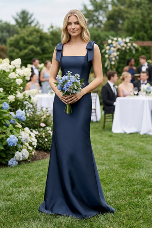 Dark Navy Square Neck Mermaid Satin Bridesmaid Dress with Bowknot (4) | KISSBRIDAL