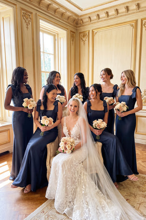Dark Navy Square Neck Mermaid Satin Bridesmaid Dress with Bowknot (5) | KISSBRIDAL