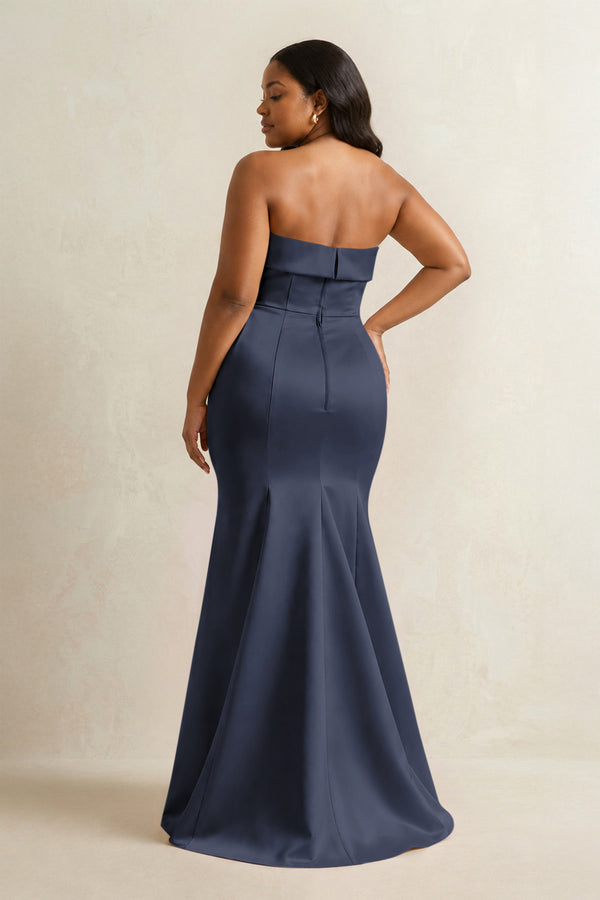 Dark Navy Strapless Satin Mermaid Bridesmaid Dress (2) [sizeplus] | KISSBRIDAL