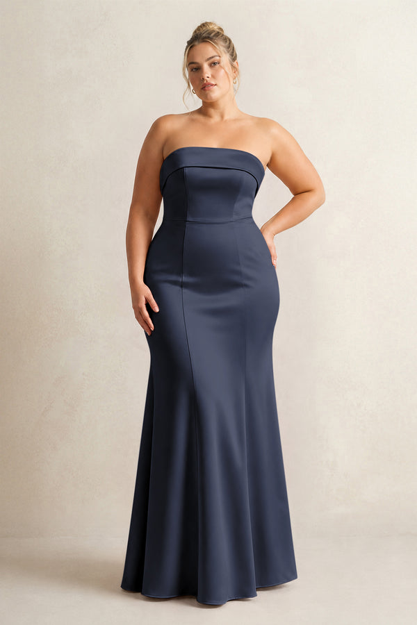 Dark Navy Strapless Satin Mermaid Bridesmaid Dress (3) [sizeplus] | KISSBRIDAL