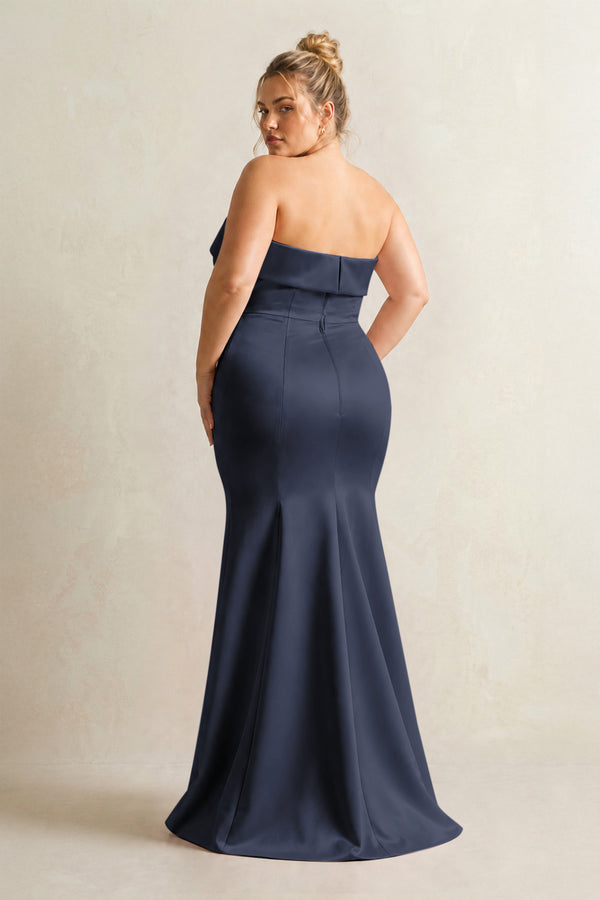 Dark Navy Strapless Satin Mermaid Bridesmaid Dress (4) [sizeplus] | KISSBRIDAL