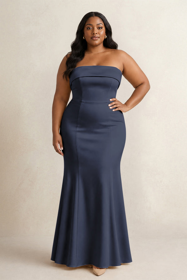 Dark Navy Strapless Satin Mermaid Bridesmaid Dress [sizeplus] | KISSBRIDAL