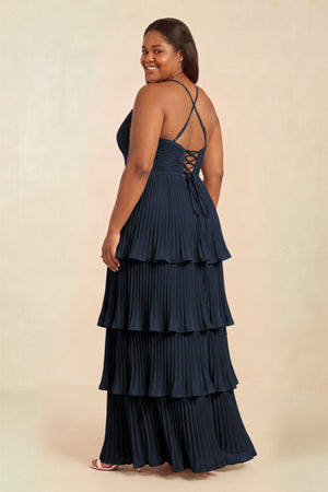 Dark Navy Tiered Pleated V-Neck A-Line Chiffon Bridesmaid Dress (2) [sizeplus] | KISSBRIDAL
