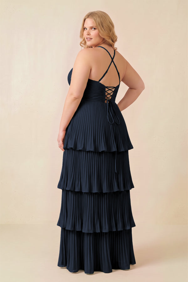 Dark Navy Tiered Pleated V-Neck A-Line Chiffon Bridesmaid Dress (4) [sizeplus] | KISSBRIDAL