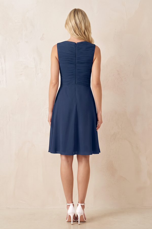 Dark Navy V-Neck A-Line Chiffon Pleated Ruffled Mother of the Bride Dress (2) | KISSBRIDAL