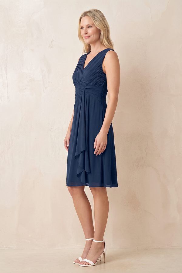 Dark Navy V-Neck A-Line Chiffon Pleated Ruffled Mother of the Bride Dress (3) | KISSBRIDAL