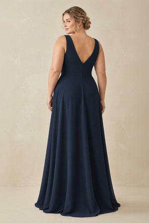 Dark Navy V-Neck A-Line Chiffon Ruffled Bridesmaid Dress (2) [sizeplus] | KISSBRIDAL