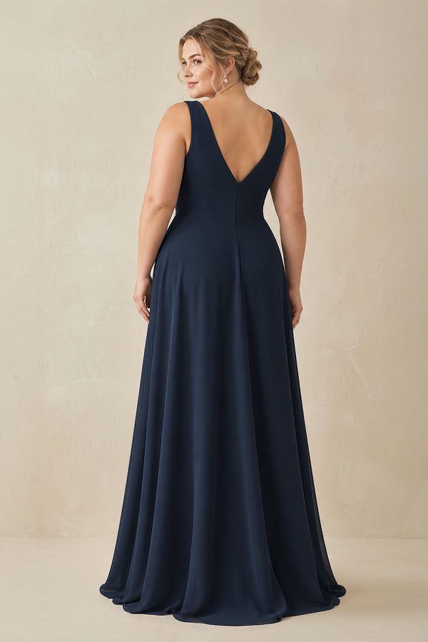 Dark Navy V-Neck A-Line Chiffon Ruffled Bridesmaid Dress (2) [sizeplus] | KISSBRIDAL