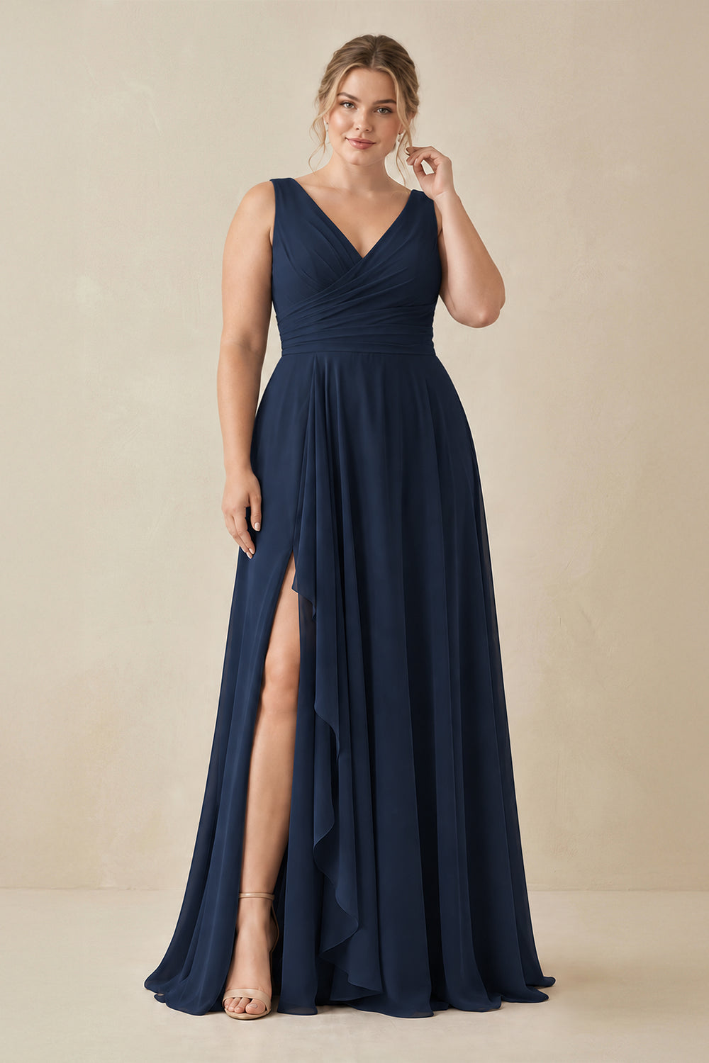 V-Neck A-Line Chiffon Ruffled Bridesmaid Dress in Dark Navy