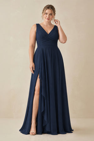 Dark Navy V-Neck A-Line Chiffon Ruffled Bridesmaid Dress [sizeplus] | KISSBRIDAL