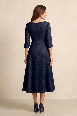 Dark Navy V-Neck A-Line Jacquard Midi Mother of the Bride Dress with Sleeves (2) | KISSBRIDAL