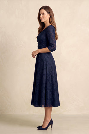 Dark Navy V-Neck A-Line Jacquard Midi Mother of the Bride Dress with Sleeves (3) | KISSBRIDAL