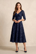 Dark Navy V-Neck A-Line Jacquard Midi Mother of the Bride Dress with Sleeves | KISSBRIDAL