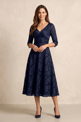 Dark Navy V-Neck A-Line Jacquard Midi Mother of the Bride Dress with Sleeves | KISSBRIDAL