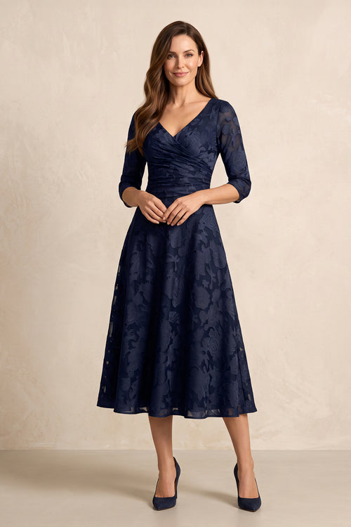Dark Navy V-Neck A-Line Jacquard Midi Mother of the Bride Dress with Sleeves | KISSBRIDAL