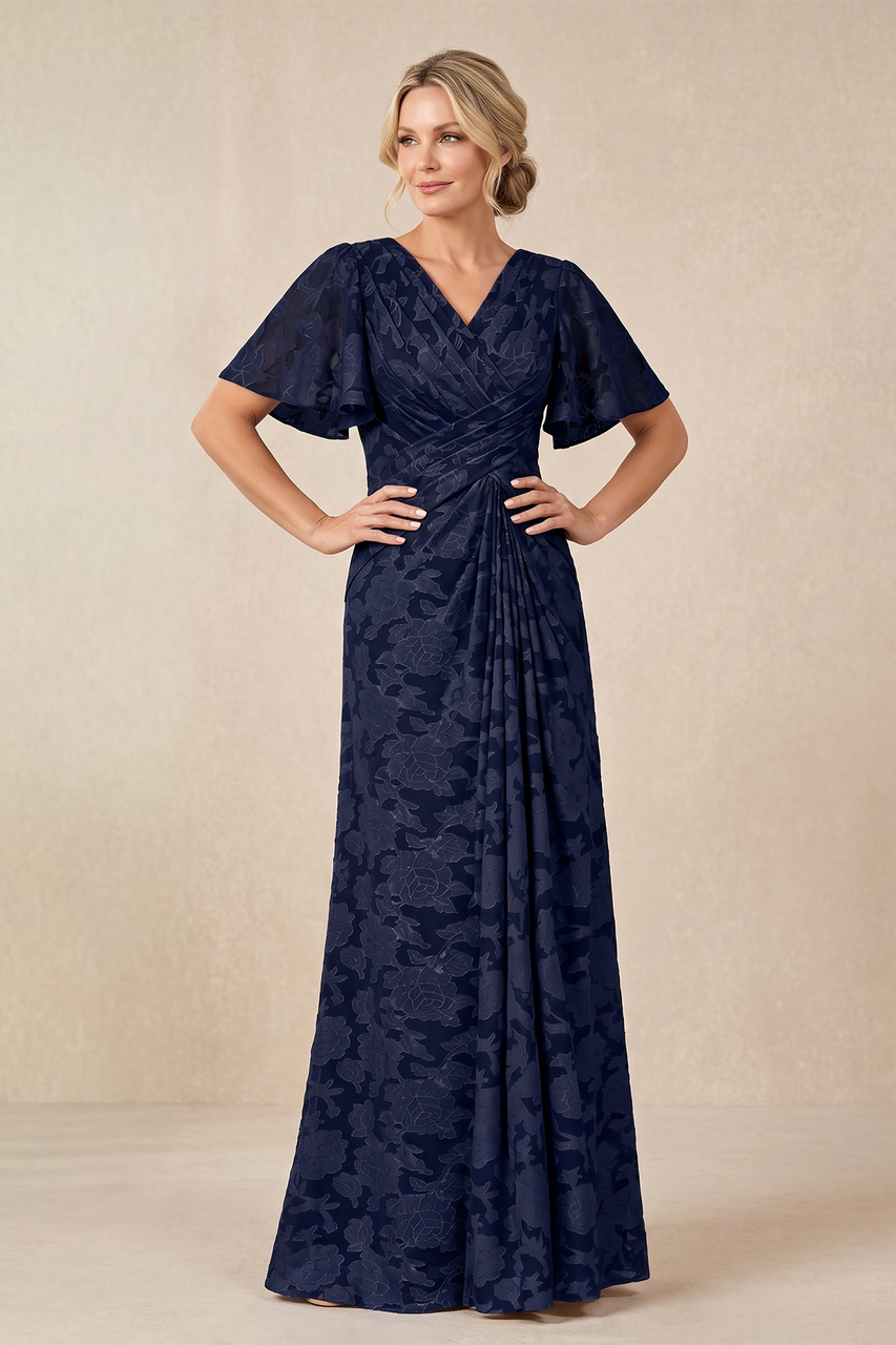 Dark Navy V-Neck A-Line Jacquard Ruffled Sleeves Pleated Mother of the Bride Dress