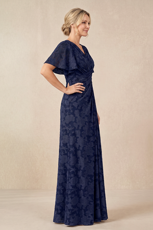 Dark Navy V-Neck A-Line Jacquard Ruffled Sleeves Pleated Mother of the Bride Dress (3) | KISSBRIDAL