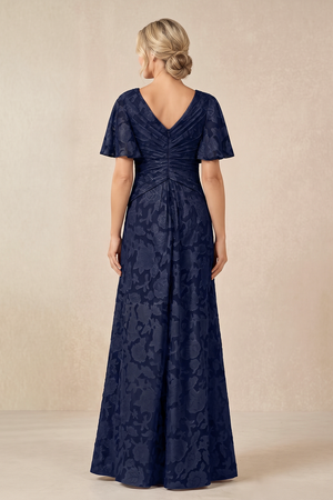 Dark Navy V-Neck A-Line Jacquard Ruffled Sleeves Pleated Mother of the Bride Dress | KISSBRIDAL